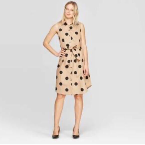 Who What Wear Polka Dot Button Up Sleeveless Shirt Dress - Picture 2 of 5